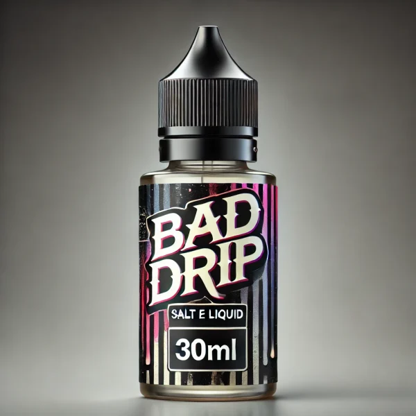 DALL·E A sleek ml bottle of Bad Drip Salt E Liquid The bottle features a stylish and edgy design with dark and vibrant colors, showcasing a grunge or stre