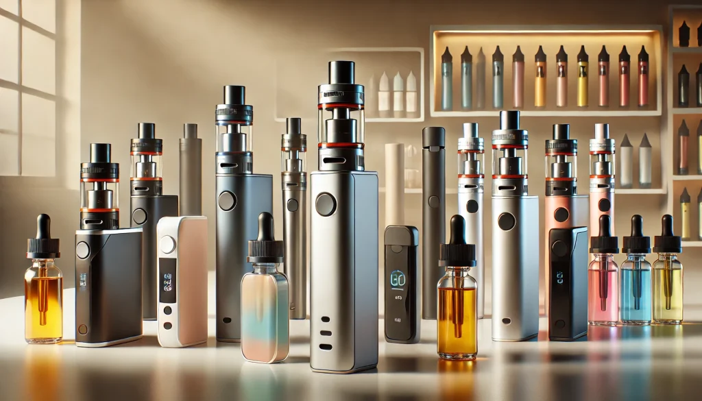 vape setup for beginners The image shows a selection of sleek and stylish disposable vapes, pod systems, and starter kit