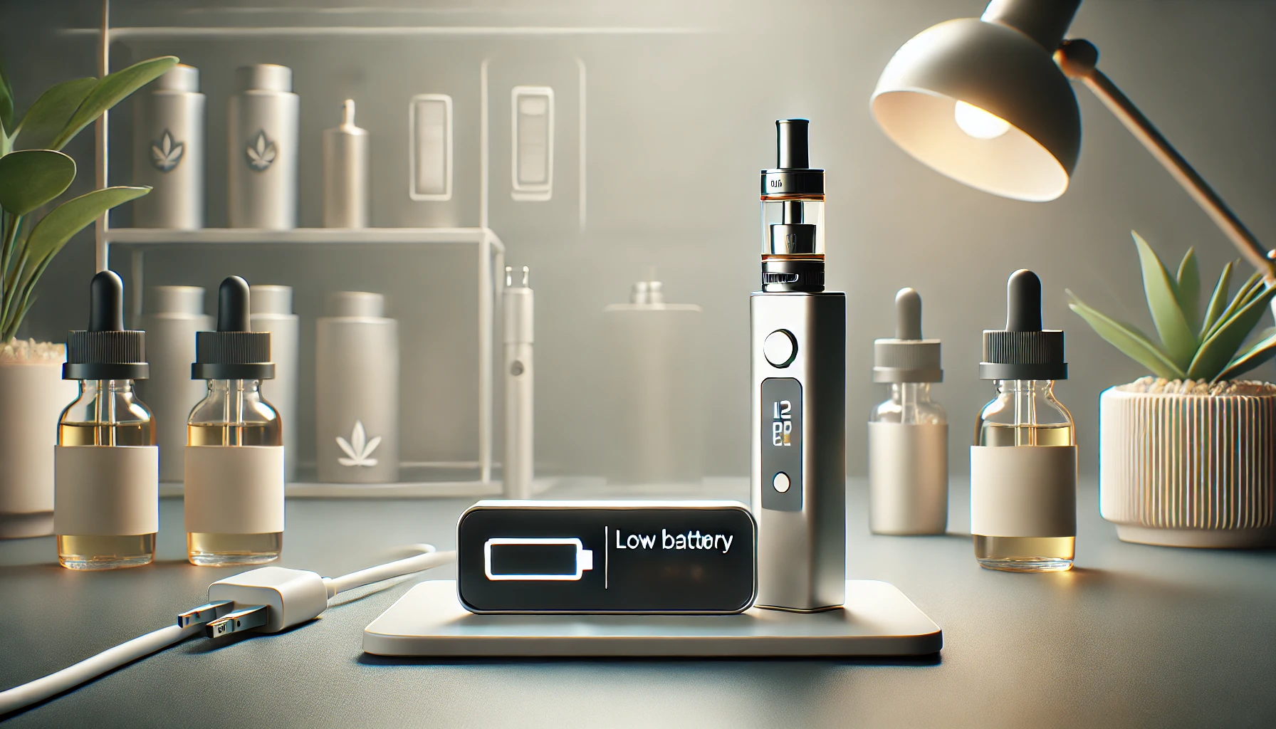 DALL·E A modern feature image with a clean vape setup, including a vape pen with a low battery indicator, a charging cable, and vape juice bottles in the bac