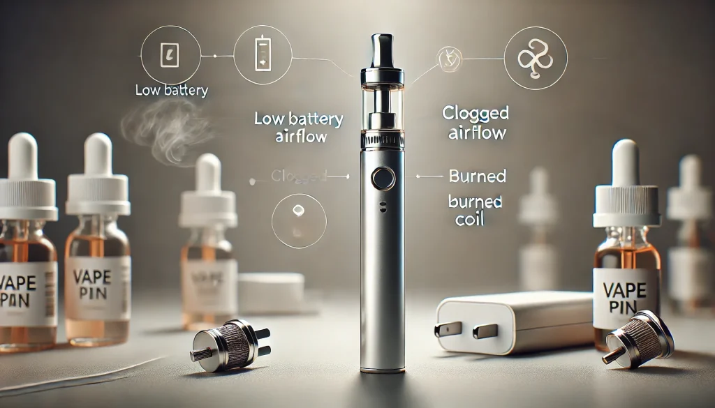 DALL·E A professional feature image with a sleek, modern vape pen displayed prominently on a clean surface The vape pen is shown with troubleshooting elemen